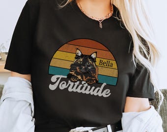 Tortoiseshell cat t-shirt gift for cat lover, Tortitude funny top, tortie cat owner, custom cat name shirt, retro sunset, cat gift for wife
