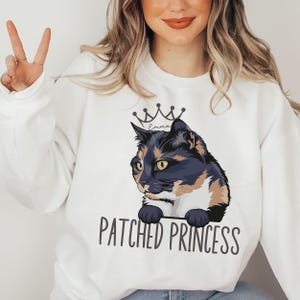 Calico cat sweatshirt gift for cat lover, striped cat funny crewneck sweatshirt, patched cat lover gift, custom cat name shirt, cat face