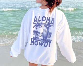 Sweat-shirt de cow-girl côtier, style inspiré de l'océan, haut d'été de cow-girl tropical, cadeau pour les amoureux de la plage, col rond pour fille en noix de coco, cadeau pour elle