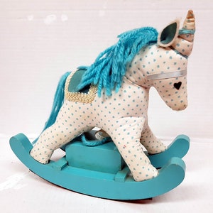 Music Box, 8.5 in., Vintage Musical Rocking Horse, Nursery Music Box, 1983 Enesco Unicorn Rocking Horse Music Box, Blue Rocking Horse