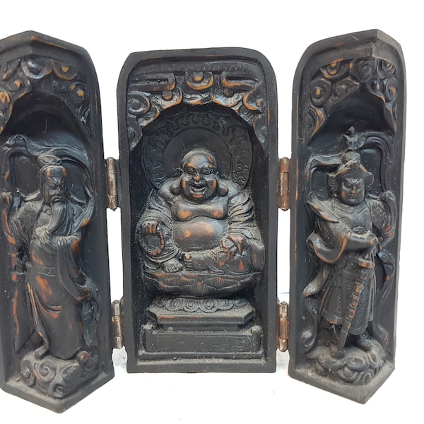 Tri-temple Buddha Carving, Hinged Temple like, Wooden Buddha Display, Tri-fold Buddha Temple,  Chinese Hoi Toi, Portable Shrine