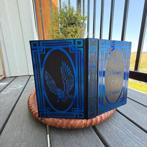May include: A black and blue decorative book-shaped planter with the text "The Prisoner of Azkaban" and a stylized eagle design. The planter is made of wood and sits on a wooden tray. The planter is on a wooden deck.