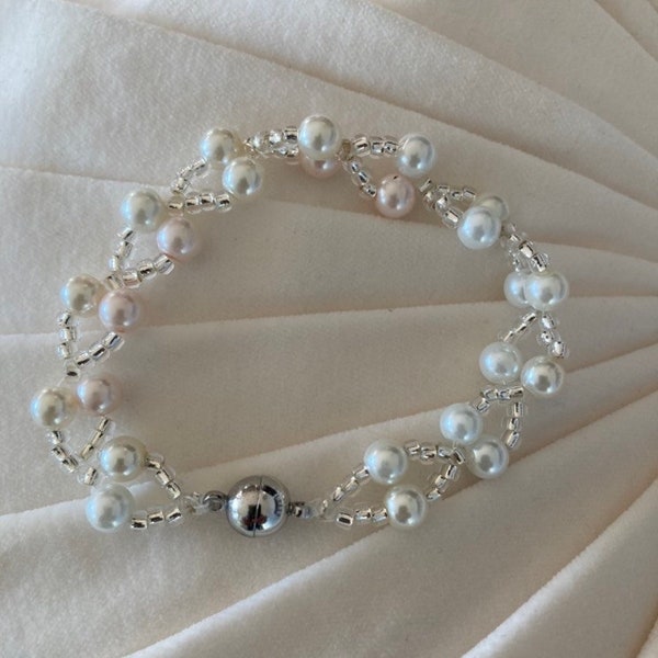 Pearl and Silver Woven Seed Beaded Bracelet