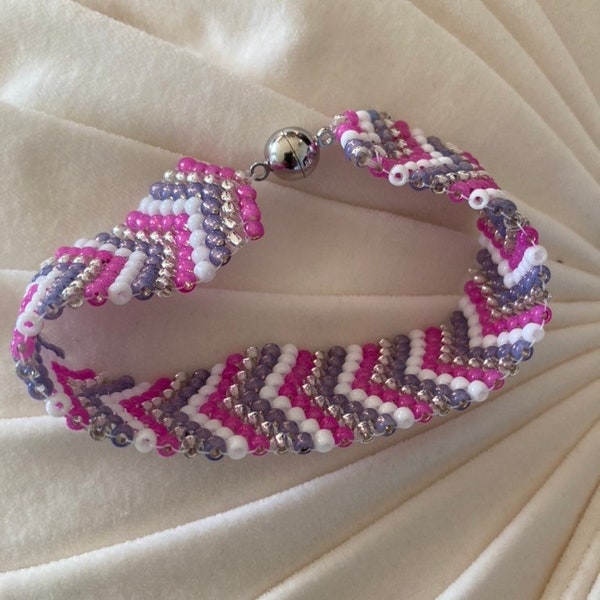 Silver Pink Gray White Chevron Stitch Woven Seed Bead Bracelet