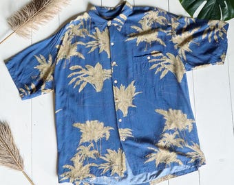 Auténtica camisa hawaiana vintage / Estampado de hojas tropicales azules de Tori Richard / Camisa Aloha para hombre / Talla XL