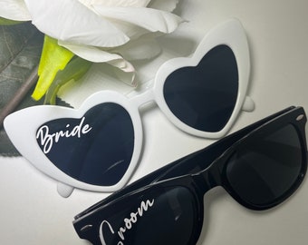 Bride & Groom Heart Sunglasses Bridal Occasion Wedding Party Hen Stag Secret Santa Christmas Bachelorett Custom Made