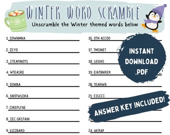 Winter Word Scramble Puzzle W/ Answer Key, Printable Winter Puzzle, Winter Activities, Printable Games, Seasonal Games, Word Scramble Print