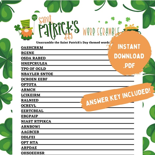 Saint Patrick's Day Word Scramble With Answer Key, Printable St. Patrick's Day Word Scramble, St. Patrick's Day Activities, Printable Games