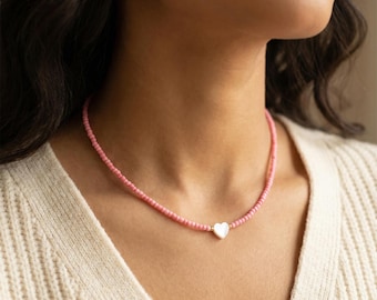 Heart Choker Necklace, Colorful Glass Beads Necklace