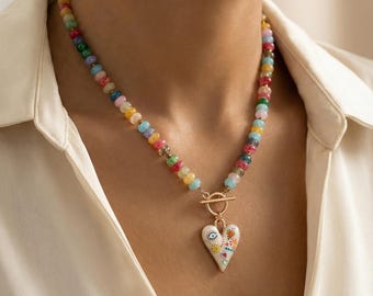 Colorful Glass Beads Heart  Necklace