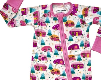 Cute Campers Pink Bamboo Zip Up Sleeper