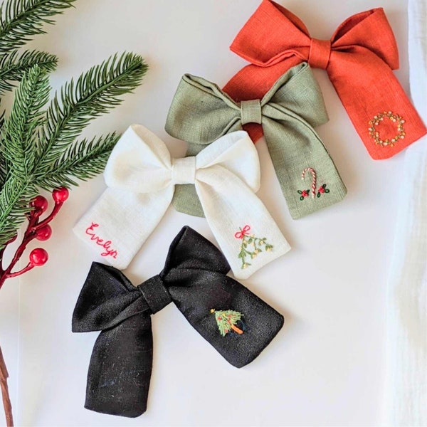 Christmas hair bow, Personalized Linen embroidered bow, Toddler holiday Hair bow, Handmade Gift for girls,Hair clip,Barrette clips