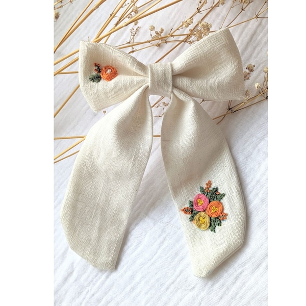 Linen hair bow, Ivory bow, Flower Embroidered hair bow, girls holiday gift, Long Bow, cottage core gift, barrette clip