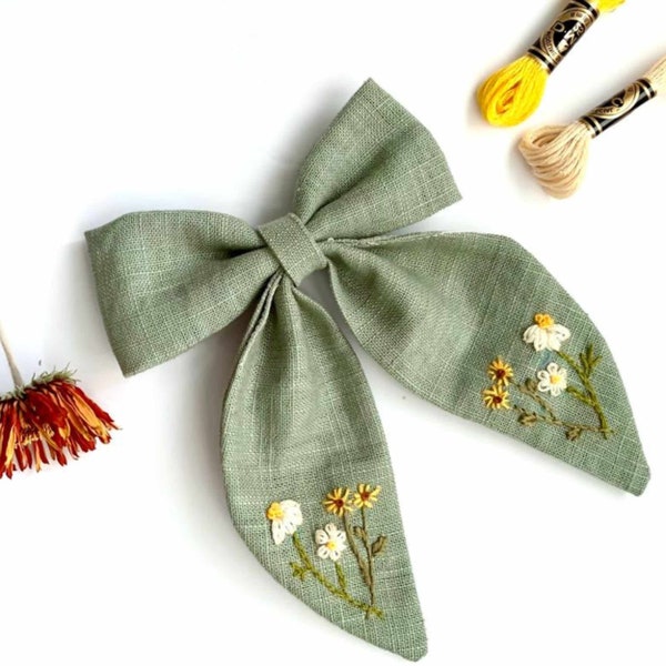 Fiocco per capelli ricamato, nucleo del cottage con fiocco per capelli Barrette, fermaglio per capelli per le donne Fermaglio per fiocco per capelli ricamato a mano Verde, Regalo per ragazze, cravatta per capelli con fiocco