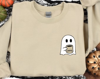 Camicia per amante del caffè, Felpa da donna fantasma, Camicia da caffè piccolo fantasma, Felpa da caffè spettrale carina, Stagione spettrale, Camicia da festa di Halloween