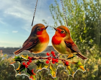 Robins & Holly Berries 8” Acrylic Window Hanging Decor Suncatcher