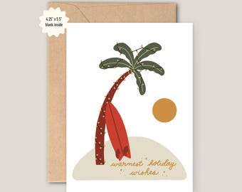 Cartão de Natal com os mais calorosos desejos de férias, Cartão de Natal tropical, Cartão de Natal, Cartão de Natal com palmeiras, Cartão de Natal caloroso, Férias na ilha