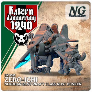 May include: A gray, 32 mm scale, plastic model kit of a steampunk-style aircraft with a cat pilot. The aircraft is labeled "ZERO-ICHI NEKOBAN RUST-CRAFT CLASS RUST BUNKER". The image is from the "Katzen dämmerung 1940" game.