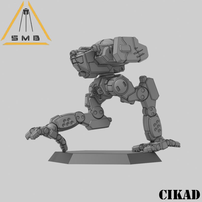 May include: A grey, three-legged robotic model with a large head and detailed mechanical components. The model is mounted on a grey base. The text "SMB" and "CIKAD" are visible.