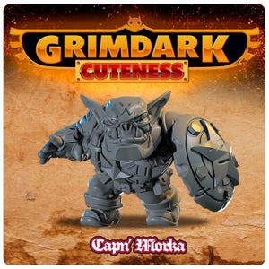 Puede incluir: Una figura gris, de estilo de dibujos animados, similar a un goblin, con un escudo y el texto "Cap'n' Florka" en la parte inferior de la imagen. La figura lleva armadura y sostiene un escudo. El fondo es una superficie marrón texturizada.