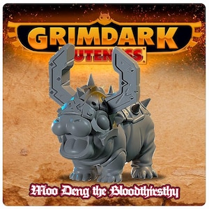 May include: A gray, 3D printed miniature of a hippopotamus wearing armor and a helmet with horns. The hippopotamus is standing on a brown, textured surface. The text "Moo Deng the Bloodthirsty" is printed below the miniature.