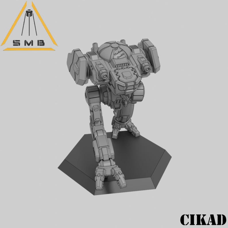 May include: A grey 3D-printed model of a bipedal mech robot, standing on a black hexagonal base. The robot has detailed mechanical components and is labeled with the text "SMB" and "CIKAD".