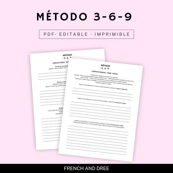 Método 369 en espagnol, ejercicios de la ley de atracción para manifestar usando el método Tesla 3-6-9. Plantilla Numérique Imprimable Modifiable