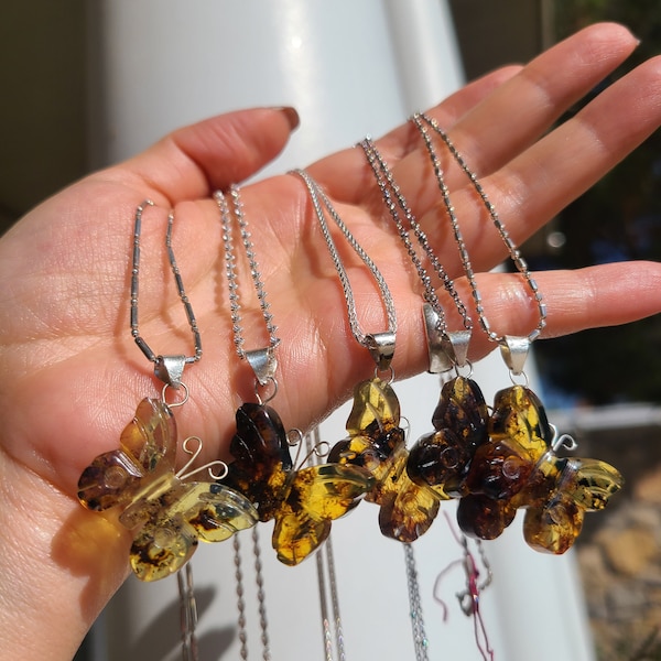 Amber Butterflies, Amber Necklaces, Mexican Amber, Mexican Amber Butterflies, Butterfly Necklaces, Crystal Butterflies, Crystal Jewelry