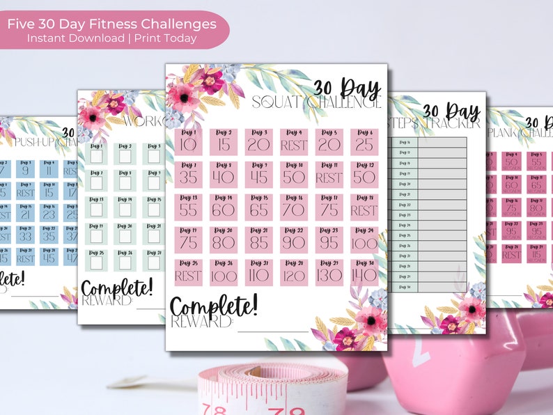 30 Day Fitness Challenge Tracker Printable Bundle Squat Etsy