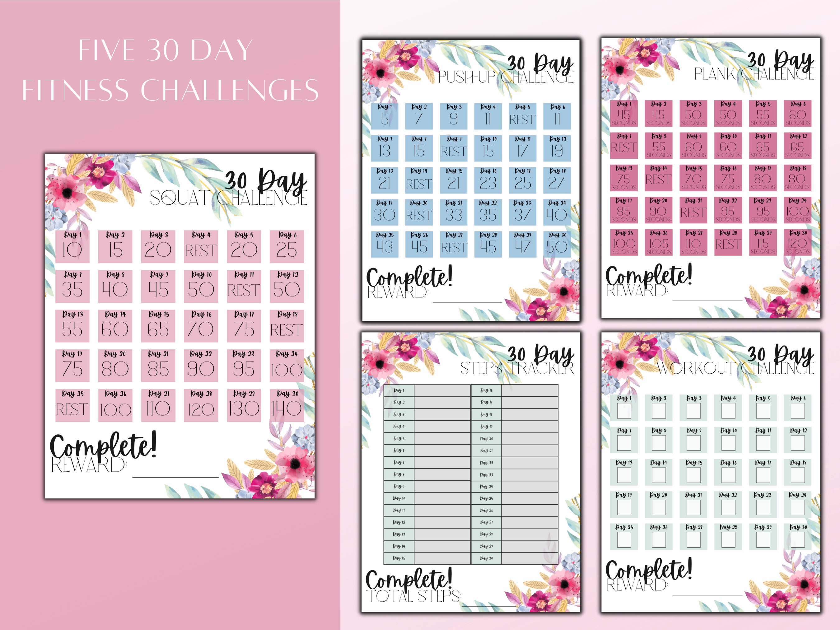 Printable 30 Day Fitness Challenge Tracker Bundle Squat Challenge Plank ...