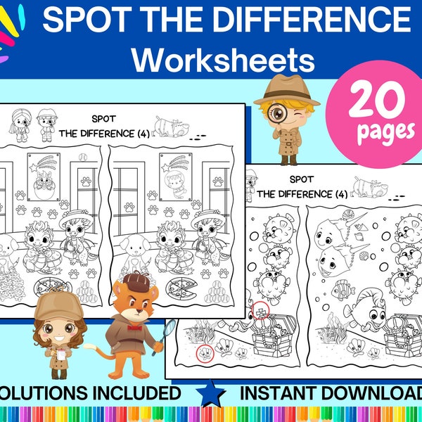 Spot the Difference Digital Worksheets for Kids, Fun Activity for Developing Observational Skills and Attention to Detail, Coloring Pages