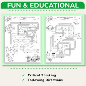 May include: Black and white maze activity pages with the text "FUN & EDUCATIONAL". One maze features a police car, the other an alien spaceship. The pages also include the text "Critical Thinking" and "Following Directions".