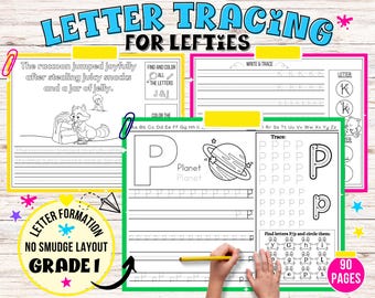 Handwriting Workbook for Left-handed Kids, Writing Practice for Lefties, Grade 1 Handwriting for Kids, Learn Letters, Tracing Letters