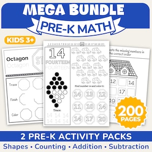 Pre-K Math Activity Bundle: Shapes, Numbers 1-20, Addition, Subtraction (PDF Download)