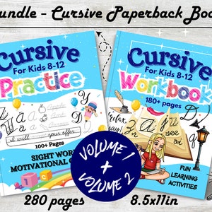 Paquete de libros de texto de cursiva para niños de 8 a 12 años: práctica del alfabeto cursivo, aprendizaje de trazos cursivos, práctica de escritura de guiones, recursos para la educación en casa