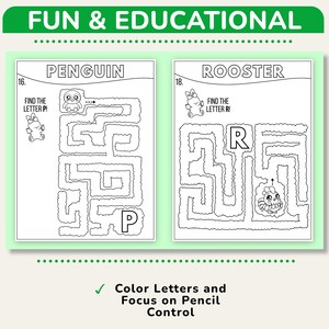 May include: Two-page activity book with mazes. The left page features a penguin maze with the text "Find the Letter P!". The right page has a rooster maze with the text "Find the Letter R!". The top banner reads "Fun & Educational".
