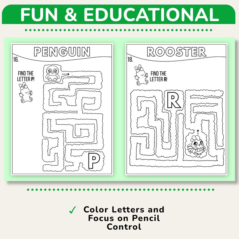 May include: Two-page activity book with mazes. The left page features a penguin maze with the text "Find the Letter P!". The right page has a rooster maze with the text "Find the Letter R!". The top banner reads "Fun & Educational".