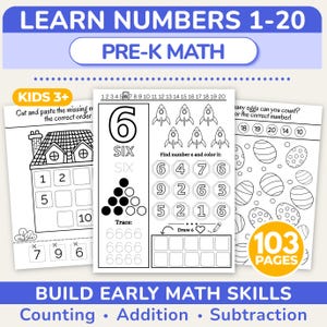 Einfache Mathe-Übungen - Zähl-, Zusatz- und Subtraktions-Arbeitsblätter für Kinder, Zahlen 1-20