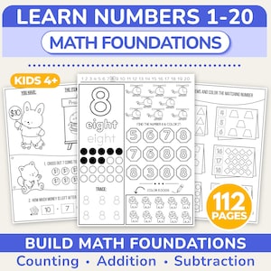 May include: A 112-page educational workbook titled Learn Numbers 1-20 Math Foundations for kids 4+. The pages feature black and white line art exercises including counting, addition, and subtraction with illustrations of animals, helicopters, and coins.