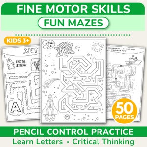 May include: A collection of children's activity books featuring mazes and pencil control practice. The covers display the text "FINE MOTOR SKILLS" and "FUN MAZES". The books include mazes with illustrations of an ant, a rocket, and a submarine. The text "KIDS 3+" and "50 PAGES" are also visible.