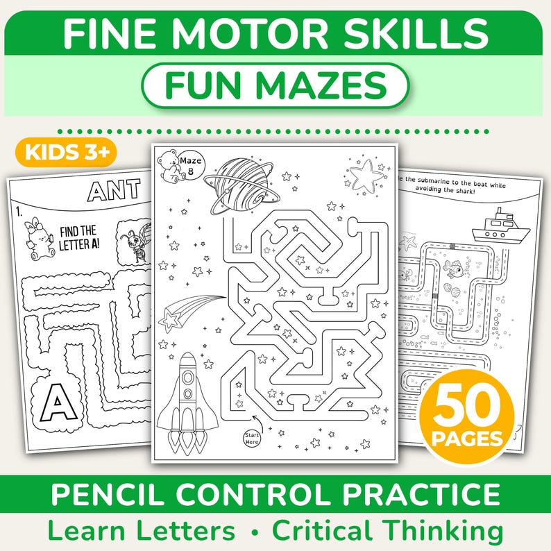 May include: A collection of children's activity books featuring mazes and pencil control practice. The covers display the text "FINE MOTOR SKILLS" and "FUN MAZES". The books include mazes with illustrations of an ant, a rocket, and a submarine. The text "KIDS 3+" and "50 PAGES" are also visible.