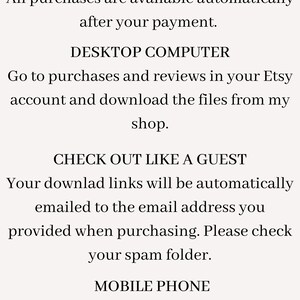 May include: Cream-colored graphic with the words "Instant Download" in a decorative font. Instructions for downloading digital purchases on a desktop computer, checking out as a guest, and using a mobile phone are also included.