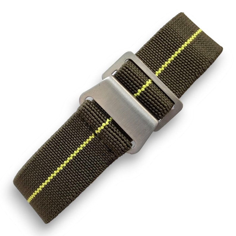 Bracelet de montre NATO nylon élastique Marine Nationale Parachute 18 20 22 mm Army Green - Yellow Stripe