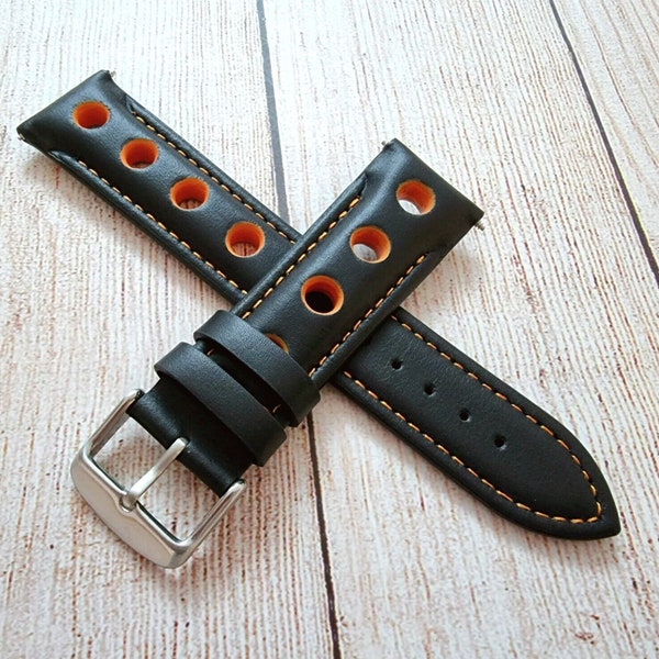 Bracelet de montre en cuir de qualité supérieure perforé, 18mm, 20mm, 22mm, 24mm, noir et orange