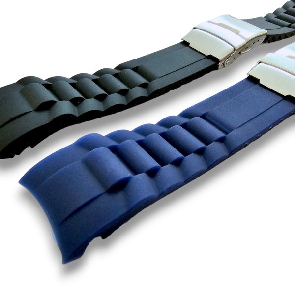 Curved End Silicone Rubber Watch Strap Band Deployment Clasp 18mm 20mm 22mm Divers Waterproof Black Blue Replacement