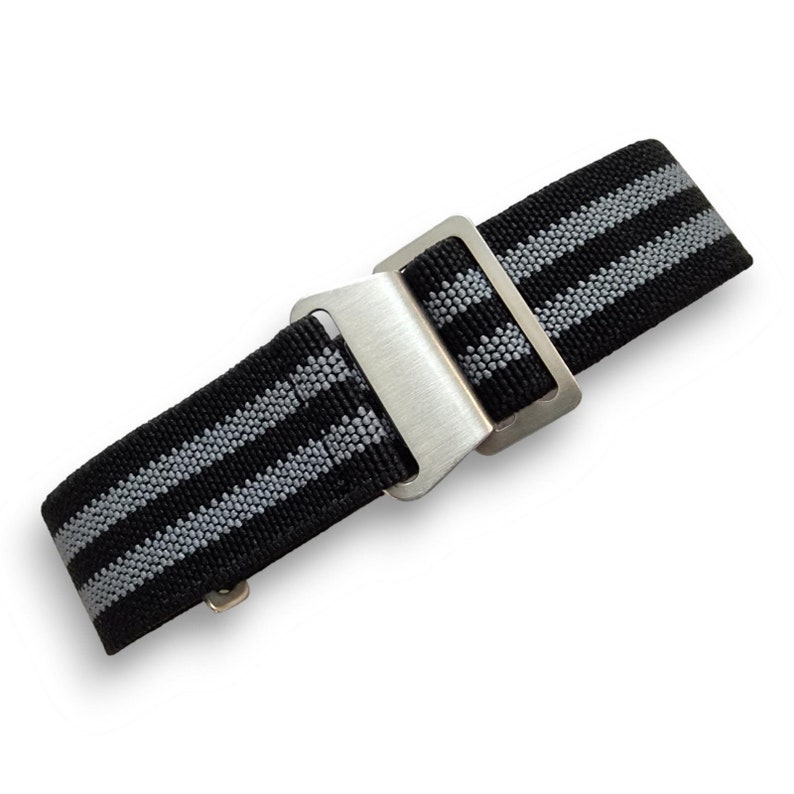 Bracelet de montre NATO nylon élastique Marine Nationale Parachute 18 20 22 mm Black - Grey Stripes