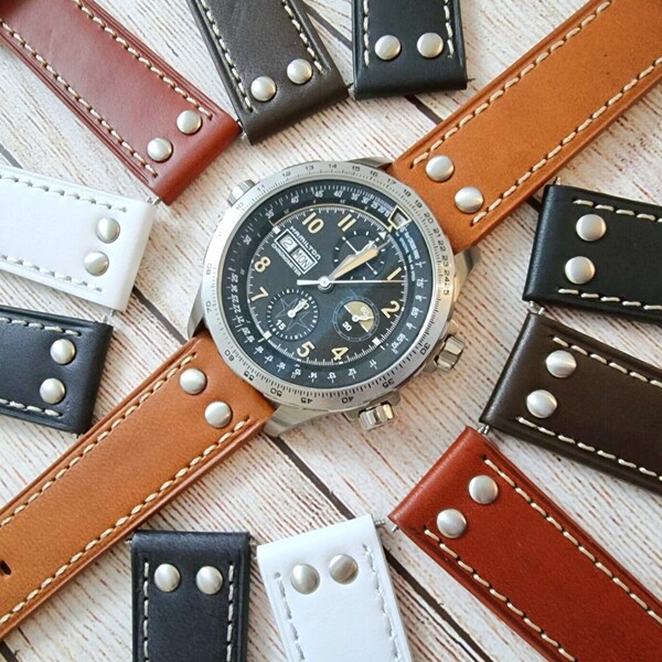 Premium Leather Watch Strap Band Rivet Stud Pilot Flieger Tough Strong 18mm 20mm 22mm 24mm Stitched Tan Brown Black White Chestnut