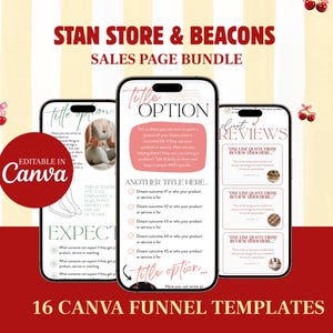 Puede incluir: Un paquete de marketing digital con tres maquetas de teléfonos inteligentes que muestran plantillas de páginas de ventas. La imagen incluye el texto "STAN STORE & BEACONS SALES PAGE BUNDLE" y "16 CANVA FUNNEL TEMPLATES". Cerezas decorativas dispersas.