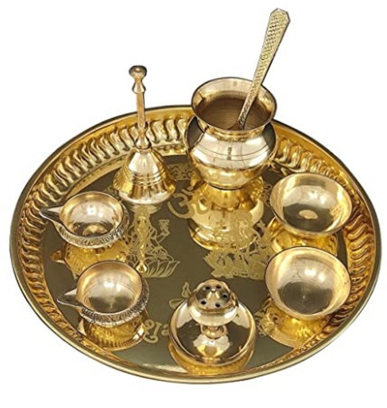 BENGALEN Brass Puja Thali Set With Blue Gift Box 8 Inch Pital Pooja Plate Dhup Dan Kalash Spoon Ghanti Bowl Kuber Diya Kangura Plate For Diwali Home Mandir Office Wedding Return Gifts