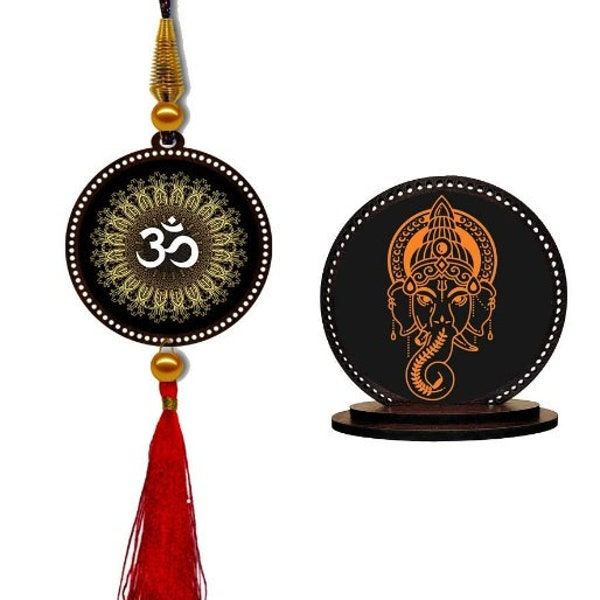 Wood Om Car Hanging Premium & Ganesh Car Dashboard Idol Showpiece Combo